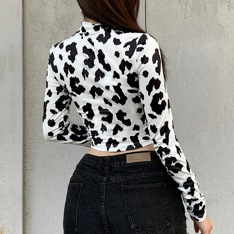 Long sleeve Women's Cow Pattern Crop Top