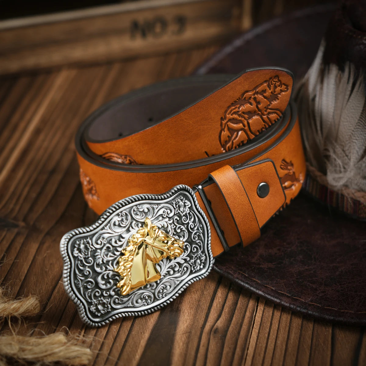 Western Cowboy Leather belt with golden horse head Buckle