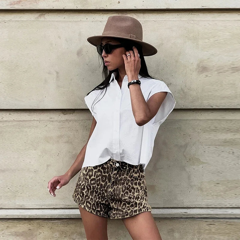 Leopard Print Denim Shorts