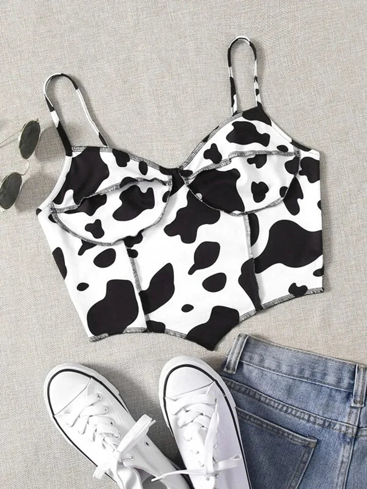 Summer time women's cow print ruffled crop top
